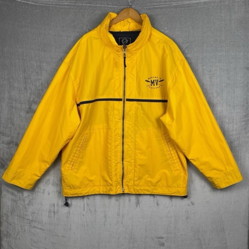 Vtg 90s Windbreaker Mens XL Yellow Full Zip Stowaway Hood Marthas Vineyard‎ Logo